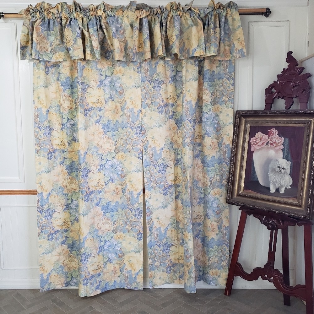 Hollander Curtains 80x 87 Panels Valances Ties Wide Pocket Floral Blue NEW VTG